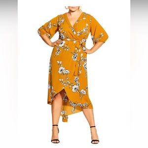 Yellow floral wrap dress- Plus size 14/XS Plus